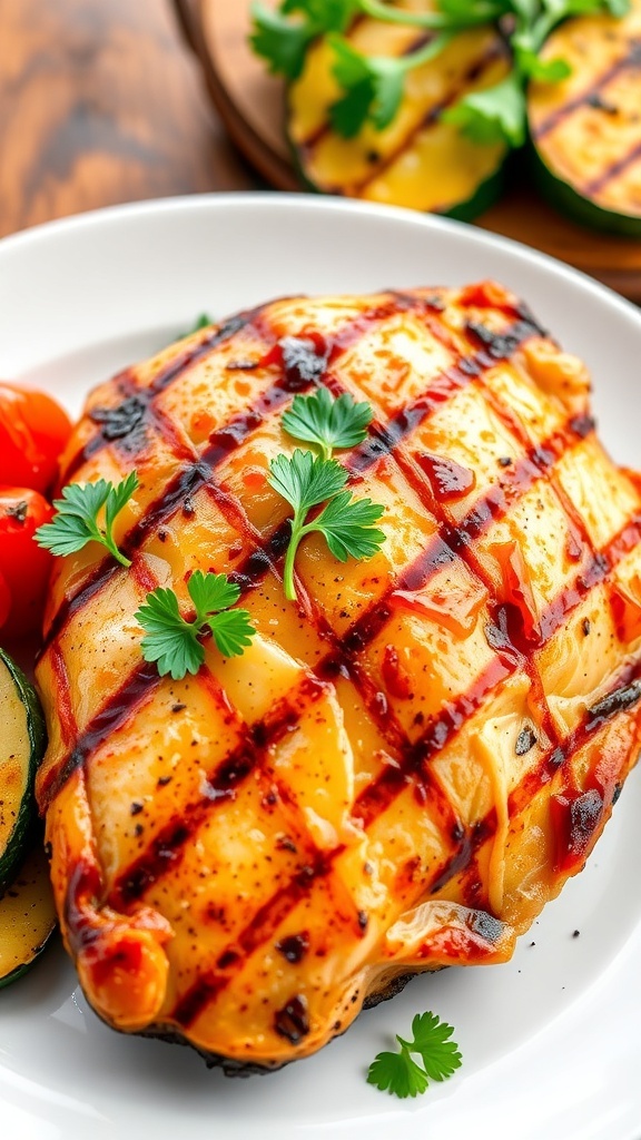 Grilled chicken breast garnished with parsley, served with grilled vegetables on a rustic table.